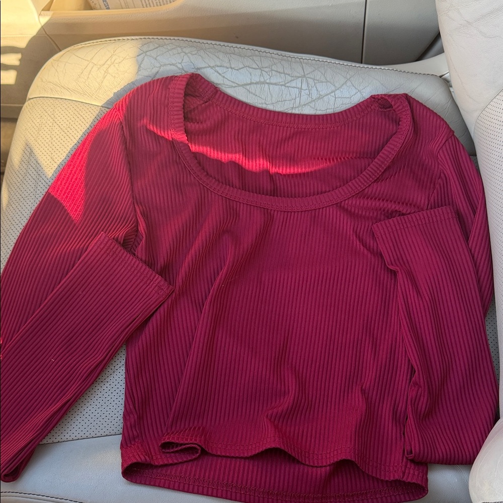 SHEIN Ribbed Scoop Neck Long Sleeve Top - Berry Red